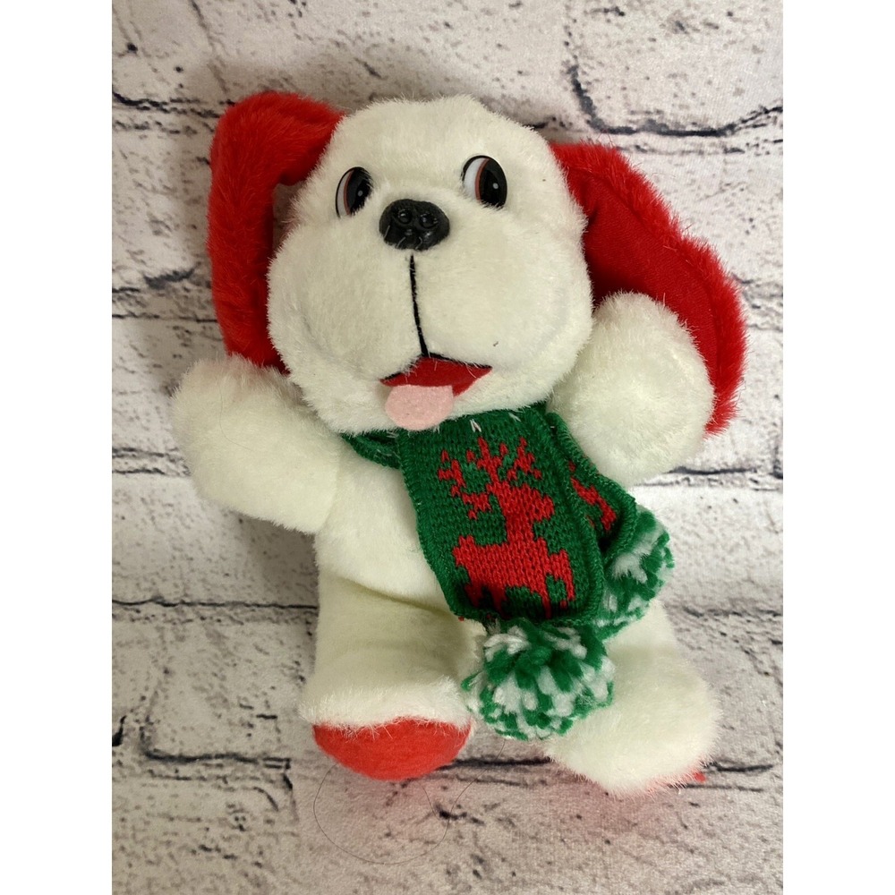 Vintage Dan Dee Christmas Plush White Red Dog Green Reindeer Scarf